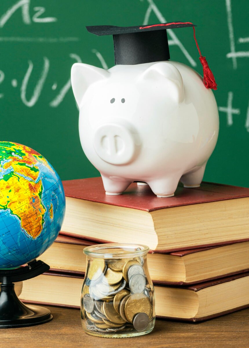 Piggy bank with a graduation hat on top of a book